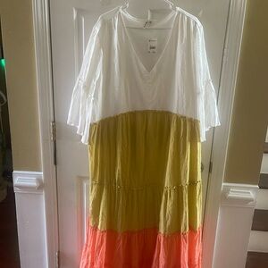 NWTVersona Color-block 99%cotton Maxi Dress beige mustard yellow & orangeSZ XXL